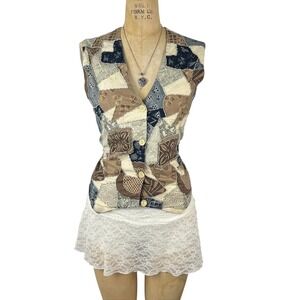 Vintage Effeci Patchwork Vest Beaded Button Front Tie Back 90's Boho Size L